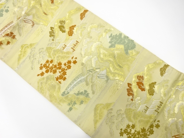 JAPANESE KIMONO / ANTIQUE FUKURO OBI / WOVEN MOUNTAINS & BRIDGE